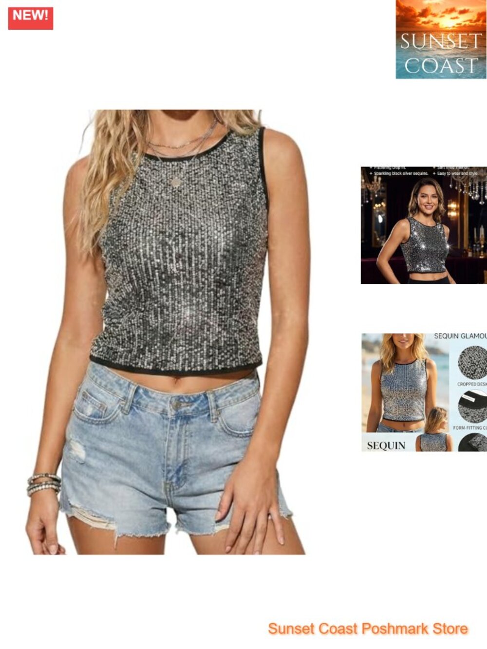 Sequin Crop Tank Glitter Party Top Sleeveless Scoop Neck Womens